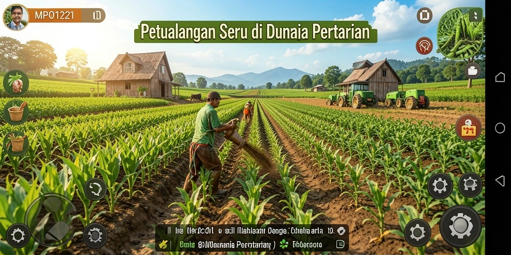 Screenshot utama MPO1221 menampilkan keseruan bertani di lahan hijau.
